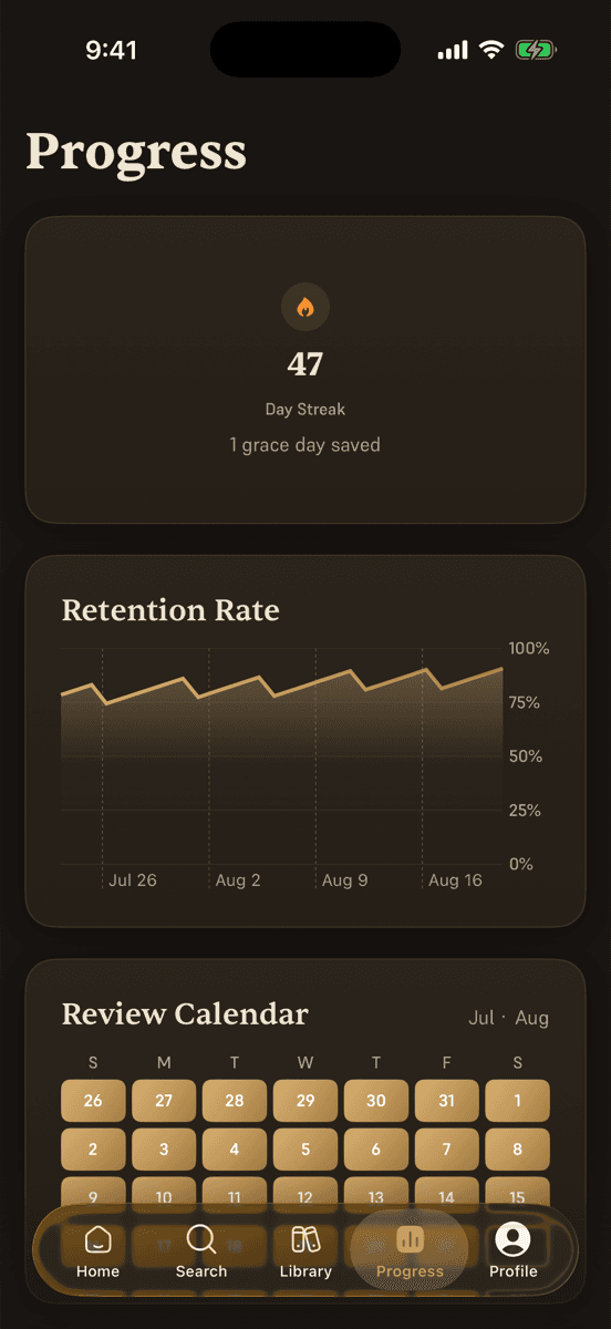 Progress in Versed: streak, retention, review calendar