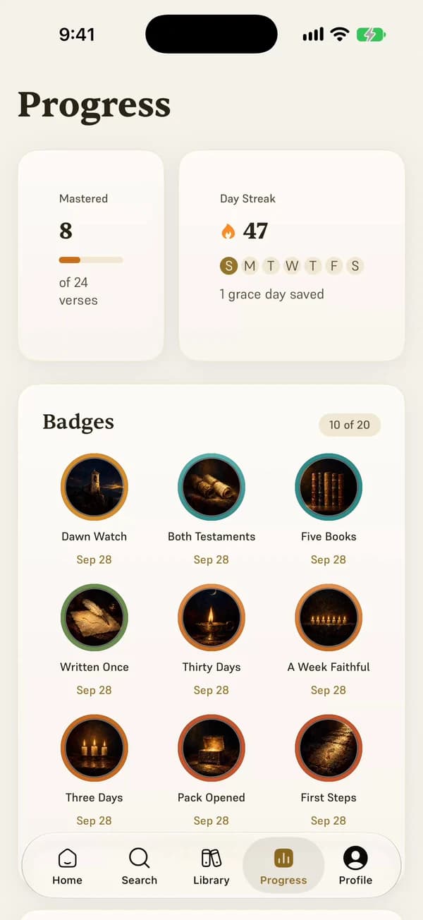 Progress in Versed: verses mastered, a 47-day streak and painted badges